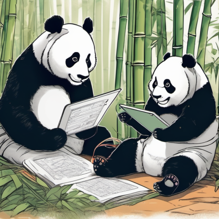 Panda Postcard - Father & son studying in bamboo forest